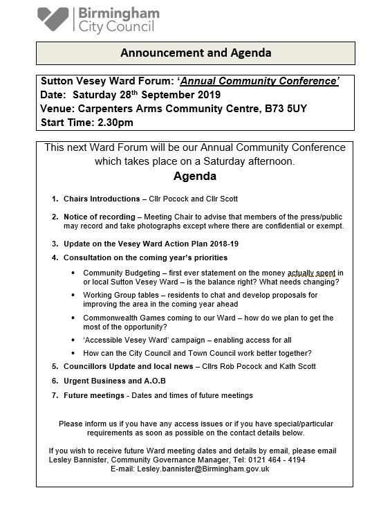 Vesey Ward Forum 28th September 2019